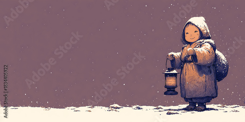 A cozy winter illustration of a child in a thick hooded coat holding a warm lantern while standing in softly falling snow against a simple muted background. Copy space.