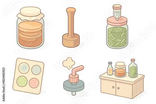 Artisan Fermentation Kit. Isometric vector illustration set of artisan fermenting kit: SCOBY hotel with brewing liquid, compact