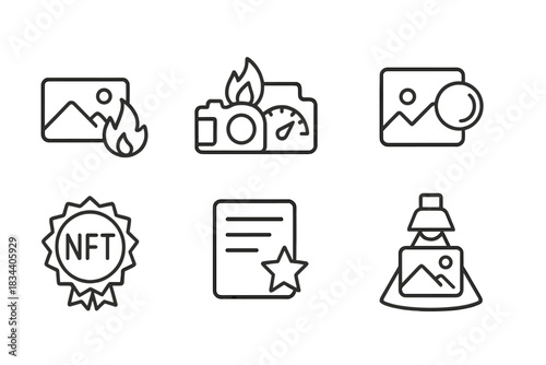 NFT Photography Icons. Line style icons of NFT photography trends: trending photo flame, viral shot meter, top sales badge,