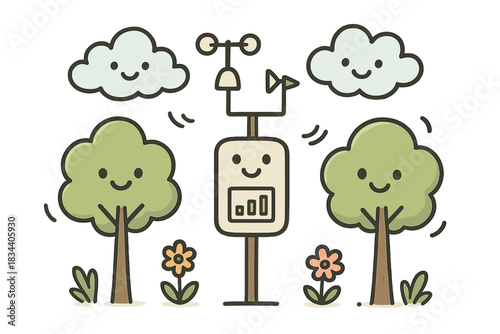 Happy Air Quality Scene. Charming doodle vector of outdoor air station with happy sensors, clouds, and trees showing improved air