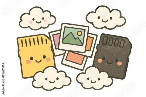 Smiling Memory Clouds. Whimsical doodle of cute memory cards and clouds smiling as they safely store colorful photos together, No