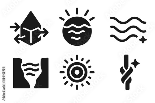 Deep-Sea Physics Icons. Solid style icons of deep-sea physics: pressure-formed prism, bioluminescent refraction pool, abyssal