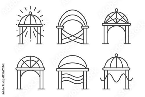 Harmonic Fate Icons. Line vector icons of harmonic fate pavilions: glowing karma outlines, radiant destiny paths, luminous booth
