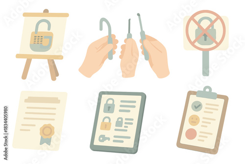Ethical Locksport Education. Isometric vector illustration set of ethical locksport education: classroom easel with diagrammatic