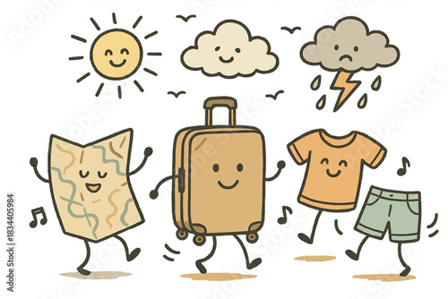 Vacation Checklist Doodle. Delightful doodle of vacation checklist with happy luggage, maps, and clothes dancing under mixed