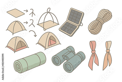 Hiking Essentials Illustration. Isometric vector illustration set Weekend hiking preparation and trail essentials: tent pitch