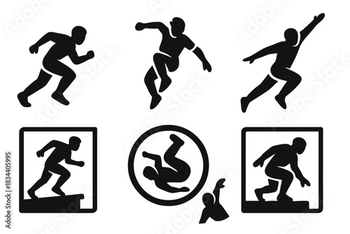 Urban Parkour Icons. Solid style icons of urban parkour athletes: crouched runner pose, mid-jump twist icon, leap with arm stretch