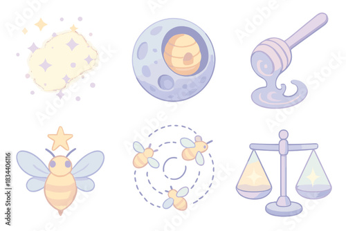 Lunar Beekeeping Icons. Isometric vector illustration set Lunar beekeeping series: glowing stardust particles, crater hive design,