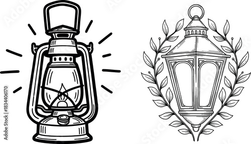 Set of two black and white line art illustrations of vintage oil lantern and decorative hanging lamp surrounded by laurel wreath