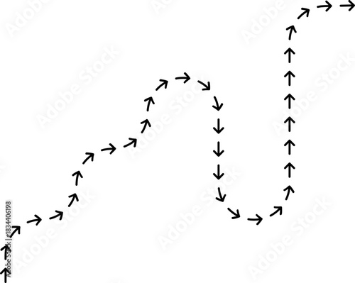 Looping dotted arrow following a continuous movement line marked by turning directional curves.