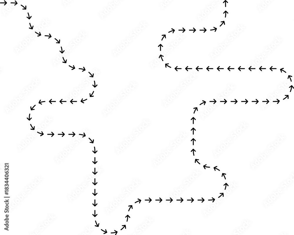 Fototapeta premium Wandering dotted arrow forming a drifting direction line through a soft curved path.