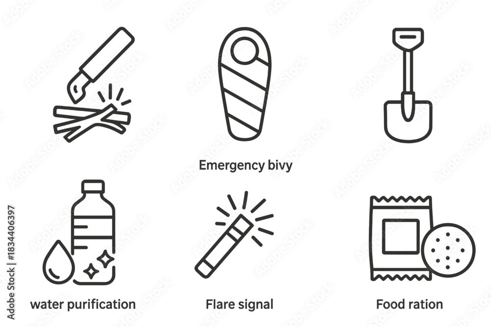Fototapeta premium Winter Survival Icons. Line style icons of winter survival essentials: firestarter icon, emergency bivy, snow shovel, water