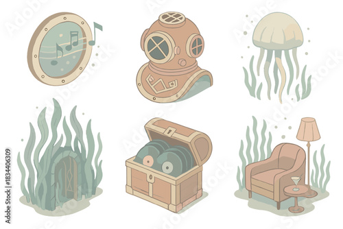 Underwater Art Deco Icons. Isometric vector illustration set of underwater art deco icons: porthole window releasing musical notes