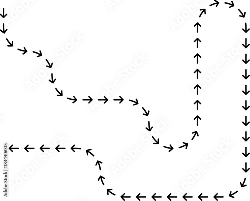 Smooth dotted arrow tracing a curved trajectory marked by steady directional progression.