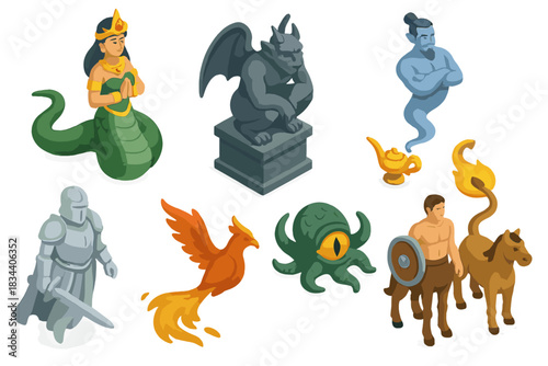 Mythical Creature Montage. Isometric vector illustration set of Mythical creatures: naga queen with jewels, gargoyle on ledge,