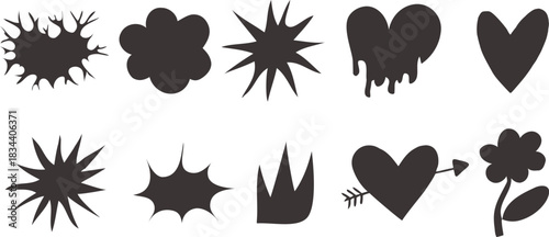 Set of bold black silhouette shapes including bursts, hearts, drips, and flowers. The designs vary from sharp starbursts to soft organic forms. Ideal for stickers, graphics, and decoration.