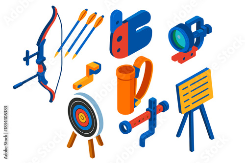 Archery Equipment Icons. Isometric vector illustration set Outdoor sports – archery bow, arrow set, finger tab; arrow rest, quiver