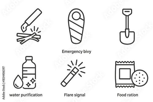 Winter Survival Icons. Line style icons of winter survival essentials: firestarter icon, emergency bivy, snow shovel, water
