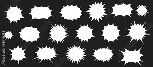 Comic burst shape set featuring bold starburst silhouettes. Dynamic explosive speech bubble designs for graphic projects. Perfect for comics, ads, and pop-art layouts.