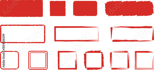 Red grunge rectangle frames in various distressed styles for bold graphic design. These textured box borders add a vintage, stamped aesthetic to creative layouts. Perfect for labels, posters, banners,