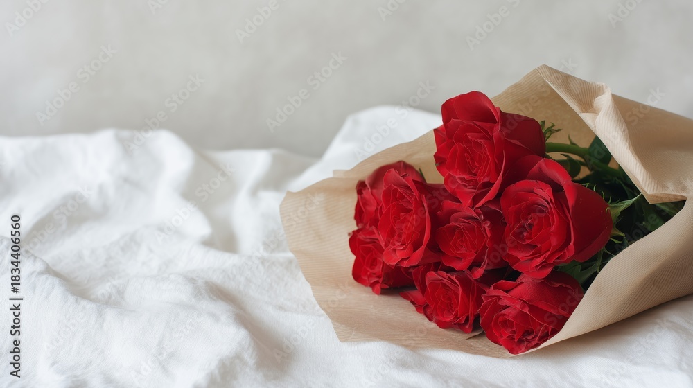 Fototapeta premium Elegant arrangement of fresh roses on a minimalist backdrop, symbolizing affection and classic beauty.