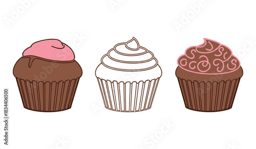 Chocolate Cupcakes with Pink Frosting Illustration and Outline on White Background muffin dessert