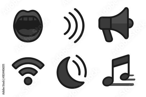 Shadowy Sound Icons. ine style icons of shadowy warning cry: dark mouth, echo wave, shaded horn, fading signal, twilight sound,