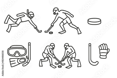 Underwater Hockey Icons. Line style icons of underwater hockey: snorkeler with stick, player passing puck, underwater puck on pool