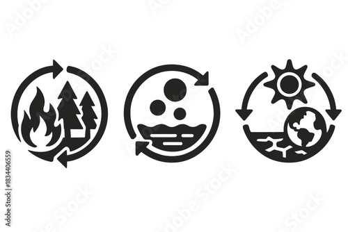 Planetary Feedback Icons. Solid style icons of planetary feedback loops: burning forests, methane bubbles, albedo loss. Feedback