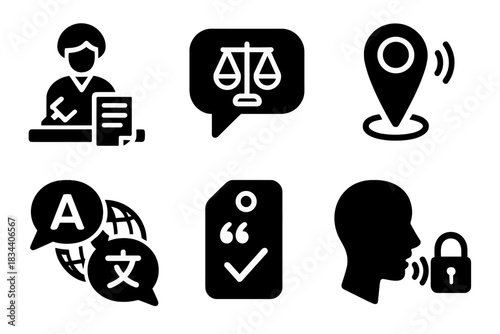 Forensic Linguistics Icons. Line style icons of Forensic Linguistics: courtroom transcription icon, legal speech bubble, spoken