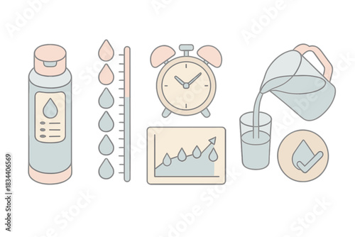 Isometric Hydration Tracker. Isometric vector illustration set of water consumption tracker: smart bottle interface, droplet