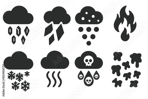 Extraterrestrial Weather Phenomena. Solid style icons of alien precipitation types: crystal rain, shard hail, metallic drizzle.