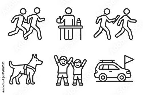Trail Companion Icons. Line style icons of trail companions: running partner duo, support crew icon, pacer with baton, trail dog