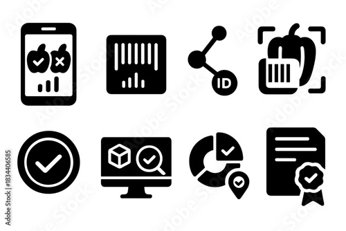 Food Authenticity Icons. Solid style icons of food authentication: real vs fake food scan, label verification spectrum,