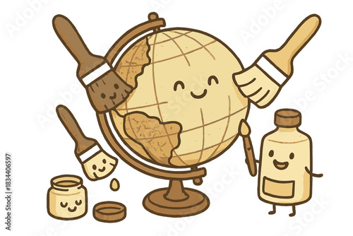 Vintage Globe Restoration. Cute doodle illustration of vintage globe restoration techniques with smiling globes, brushes, and
