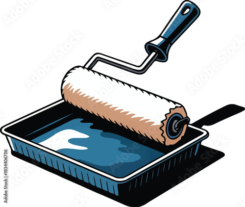 Paint roller in tray vector illustration for painting services house repair and home improvement projects exactly 130 characters