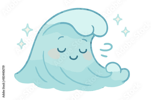 Smiling Curling Wave. A happy curling wave as a calm sigh with tiny smiling sparkles, soft rounded doodle style, pastel blue and