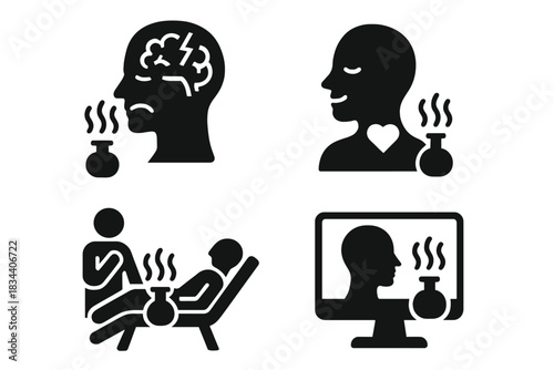 Olfactory Therapy Icons. Solid style icons of olfactory therapy: PTSD scent treatment, emotional recovery aroma, therapeutic