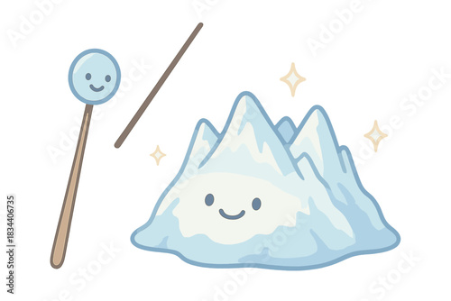 Conducting a Sparkling Glacier. A smiling conductor's baton guiding a friendly glacier with sparkles, soft rounded friendly shapes