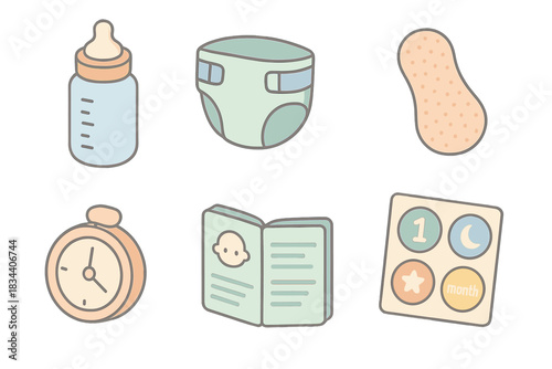 Infant Care Essentials. Isometric vector illustration set of infant care workflow: baby bottle with measurement marks, diaper icon