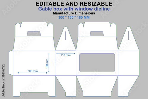 Gable box with window dieline and manufacture dimensions 300x150x180 mm packaging box template