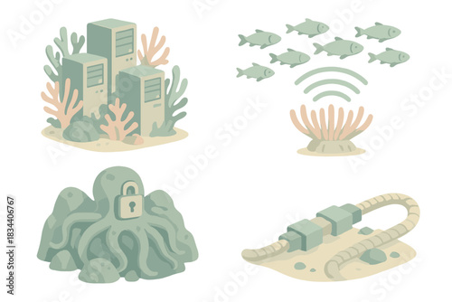 Subaquatic Tech Ecosystem. Isometric vector illustration set of subaquatic information network: coral reef made of servers,