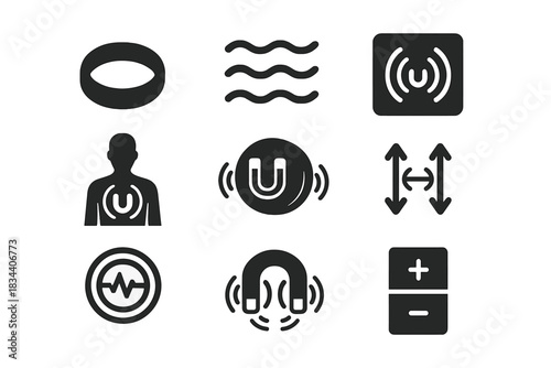 Magnetic Therapy Icons. Solid style icons of magnetic therapy: magnetic ring icon, healing field waves, therapy pad symbol. Body