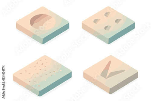 Tactile Imprint Study. Isometric vector illustration set Tactile imprint study: geometric depressions, scattered grains, fine