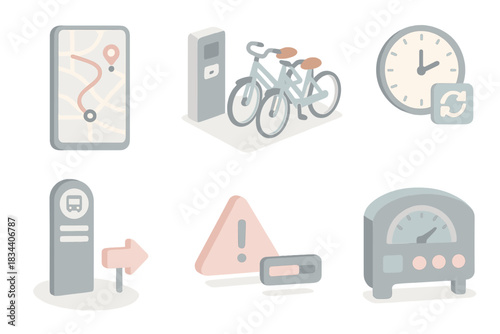 Urban Transport Interfaces. Isometric vector illustration set of city navigation interfaces: route planning app on screen, bicycle