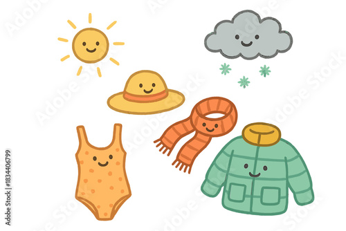 Cheerful Travel Gear. Adorable doodle scene of cheerful travel gear — hats, scarves, swimsuits, and jackets — gathering together