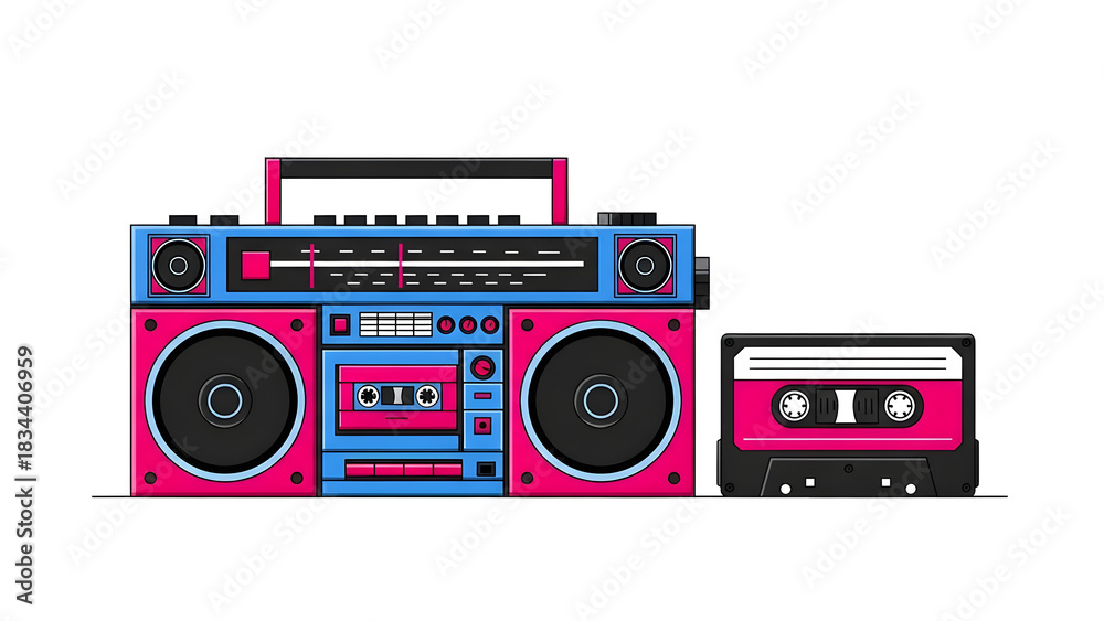 Obraz premium Retro Boombox with Cassette Tape Illustration: Vintage Music Player, 80s Nostalgia, Audio Technology, Entertainment