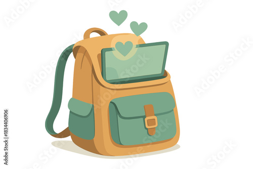 Nomadic Digital Balance. a backpack with a laptop peeking out and glowing heart symbols representing balanced nomad life, tan and