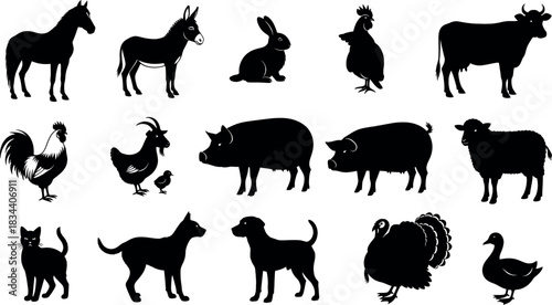 Collection of various farm animal silhouettes including horse, donkey, rabbit, chicken, cow, pig, sheep, cat, dog, turkey, and duck