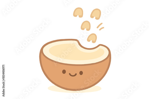 Cheerful Coconut Melody. A cheerful coconut half producing tiny smiling "horse hooves on cobblestone" sound, soft rounded doodle